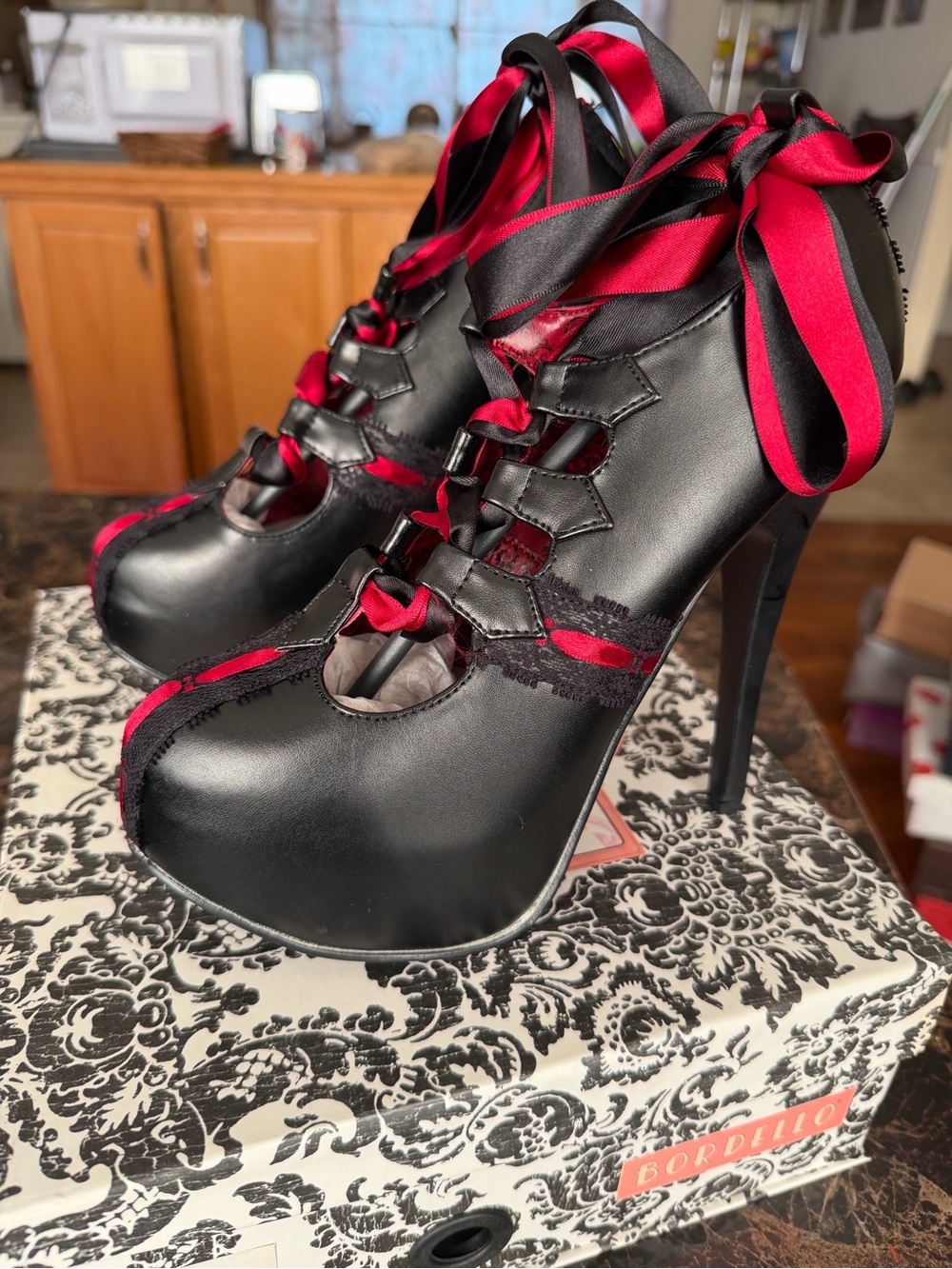 Brand new Bordello ribbon platform pump heels size 7